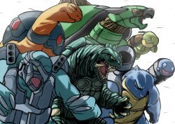  blastoise carracosta commentary_request crossover from_side gamera gamera_(series) mechanization no_humans odd_one_out pokemon pokemon_(creature) semania9ja simple_background squirtle torkoal torterra tortoise turtle turtwig white_background 