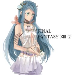  bad_id bad_pixiv_id bare_shoulders blue_hair buun_ko center_opening copyright_name daisy english_text female final_fantasy final_fantasy_xiii final_fantasy_xiii-2 flower green_eyes hair_ornament long_hair paddra_nsu-yeul photoshop_(medium) skirt solo very_long_hair white_background 