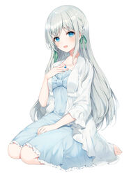  :d a20_(atsumaru) aitsuki_nakuru aqua_bow aqua_dress aqua_skirt barefoot blue_eyes bow braid crystal_necklace dress eyebrows female frilled_dress frilled_skirt frills hair_ornament hair_ribbon hair_tie hand_on_own_chest hands_on_own_chest hands_on_own_knees highres jewelry la_priere long_dress long_hair looking_at_viewer necklace official_art open_mouth ribbon seiza simple_background sitting skirt smile twin_braids utaite white_background white_dress 