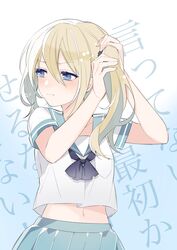  :t adjusting_hair black_bow blonde_hair blue_eyes bow commentary crop_top eyelashes female gradient_background hayasaka_ai haysaca_a._smithee highres kaguya-sama_wa_kokurasetai_~tensai-tachi_no_renai_zunousen~ long_hair looking_to_the_side navel pleated_skirt school_uniform scrunchie serafuku side_ponytail sidelocks skirt solo symbol-only_commentary tears uehara_(dormmmmir_) 