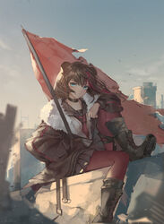  animal_ears arknights arms_on_knees bad_id bad_pixiv_id bear_ears black_hair black_jacket black_skirt blue_eyes boots brown_footwear brown_hair chains choker closed_mouth cross-laced_footwear earphones expressionless female flag flagpole fur_trim highres jacket lace-up_boots long_hair looking_at_viewer miniskirt multicolored_hair necktie open_clothes open_jacket pantyhose pleated_skirt qie red_hair red_legwear sailor_collar shirt shoe_soles short_necktie sitting skirt socks solo strap streaked_hair undershirt white_shirt zima_(arknights) 