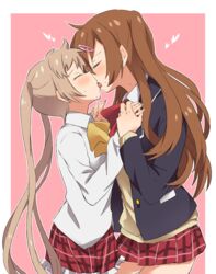  2girls absurdres bad_id bad_twitter_id black_jacket blazer blush bow bowtie brown_hair cardigan chuunibyou_demo_koi_ga_shitai! closed_eyes dekomori_sanae ear_blush french_kiss hair_ornament hairclip heart highres holding_hands icho_private_high_school_uniform jacket kissing long_hair long_sleeves mizin_kosutin multiple_girls nibutani_shinka pink_background plaid plaid_skirt red_bow red_bowtie red_ribbon red_skirt ribbon school_uniform shirt skirt twintails white_shirt yellow_bow yellow_bowtie yellow_cardigan yellow_ribbon yuri 