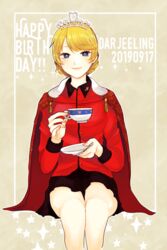  arai_ako black_skirt blonde_hair blue_eyes braid bright_pupils cape character_name commentary cup darjeeling_(girls_und_panzer) dated english_text female girls_und_panzer happy_birthday highres holding holding_cup holding_saucer insignia jacket long_sleeves looking_at_viewer military military_uniform miniskirt open_mouth outline pleated_skirt red_cape red_jacket saucer short_hair skirt smile solo sparkle st._gloriana&#039;s_military_uniform teacup tiara tied_hair twin_braids uniform white_outline white_pupils 