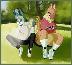  2019 5_fingers big_breasts blue_body blue_eyes blue_fur border breasts clothed clothing d.a.r.e. dewlap_(anatomy) domestic_rabbit drugs duo eyelashes fangs female field fingers flemish_giant footwear fully_clothed fur green_border hair hair_over_eye hazel_(shakotanbunny) hi_res huge_breasts irony klaus_(shakotanbunny) knee_highs knee_socks lagomorph legwear leporid male mammal marijuana one_eye_obstructed open_mouth oryctolagus outside plant rabbit shakotanbunny shirt shoes signature sitting smoke smoking socks t-shirt teeth topwear tree 