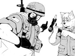  4:3 anthro ar-15 armor calhoun_(wartorn) canid canine canton clothed clothing combat_helmet deezchief duo english_text faun_(wartorn) flag flag_(shape) flag_design flag_patch fur gun hair handgun hat headgear headwear helmet holding_gun holding_object holding_ranged_weapon holding_weapon human humanoid jackson_vonhue_(wartorn) m1911 male mammal marines military monochrome patch_(fabric) pistol ranged_weapon rifle semi-automatic simple_background standing text text_on_headgear text_on_helmet uniform united_states_of_america wartorn weapon 