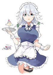  2girls apron blue_dress blue_eyes braid breasts collared_shirt commentary cowboy_shot cropped_legs deetamu dress food frilled_apron frills grey_hair hat hat_ribbon highres holding izayoi_sakuya knife large_breasts maid maid_headdress medium_hair mob_cap multiple_girls open_mouth pink_headwear pudding puffy_short_sleeves puffy_sleeves purple_hair red_ribbon remilia_scarlet ribbon shirt short_hair short_sleeves simple_background thigh_strap touhou translated twin_braids waist_apron weapon_in_garters white_apron white_background white_shirt wrist_cuffs 