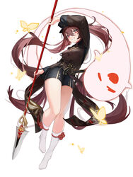  absurdres arm_up bare_legs black_headwear black_jacket black_shorts boo_tao_(genshin_impact) breasts brown_hair commentary_request female freeeeeeeeeee full_body genshin_impact ghost grin hair_between_eyes highres holding holding_polearm holding_weapon hu_tao_(genshin_impact) jacket large_breasts long_hair looking_at_viewer polearm red_eyes short_shorts shorts simple_background smile socks solo spear thighs twintails very_long_hair weapon white_background white_socks 