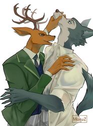  2019 5_fingers anthro antlers beastars canid canine canis cervine claws clothed clothing deer duo fingers hi_res horn legoshi_(beastars) long_snout louis_(beastars) male mammal maruz necktie red_deer signature simple_background snout snout_grab white_background wolf 