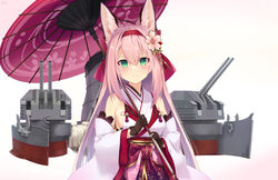  absurdres animal_ears azur_lane bare_shoulders black_gloves blush breasts closed_mouth commentary_request detached_sleeves female flower fox_ears fox_girl gloves green_eyes hair_between_eyes hair_flower hair_ornament hairband hanazuki_(azur_lane) highres holding holding_umbrella japanese_clothes kimono kin&#039;iro_dojo large_breasts light_smile long_hair looking_at_viewer md5_mismatch obi pink_hair print_umbrella red_hairband resolution_mismatch revision rigging sash sideboob sidelocks simple_background sleeveless sleeveless_kimono solo source_smaller standing turret umbrella upper_body white_background white_kimono wide_sleeves 