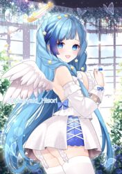  :d absurdres animal ass bare_shoulders blue_eyes blue_gemstone blue_hair braid breasts bug butterfly chitetan commentary_request day detached_sleeves dress feathered_wings female frilled_dress frills garter_straps gem hair_ornament halo highres indie_virtual_youtuber indoors large_breasts long_hair long_sleeves looking_at_viewer looking_to_the_side multicolored_hair sasayaki_hisori smile solo star_(symbol) star_hair_ornament streaked_hair thighhighs twitter_username very_long_hair virtual_youtuber white_dress white_sleeves white_thighhighs white_wings wings 