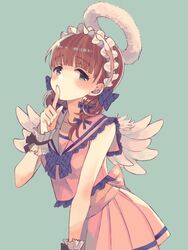  babui_4 blunt_bangs blush bow bowtie brown_hair cropped_shirt fake_halo feathered_wings female finger_to_mouth frilled_hairband frilled_sailor_collar frills fur_halo hairband hairbow halo idolmaster idolmaster_cinderella_girls idolmaster_cinderella_girls_starlight_stage looking_at_viewer plaid plaid_bow plaid_bowtie pleated_skirt sailor_collar sakuma_mayu simple_background skirt sleeveless solo twintails white_wings wings wrist_cuffs 