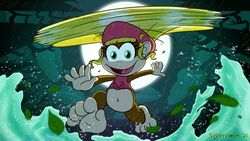  16:9 anthro ape barefoot beret blonde_hair bottomless brown_body brown_fur clothed clothing cloud curls detailed_background digital_media_(artwork) dixie_kong donkey_kong_(series) ear_piercing ear_ring eyelashes feet female fingers flying forest fur gliding green_eyes hair hand_out haplorhine hat headgear headwear hi_res kong leaf light long_hair looking_at_viewer low-angle_view mammal monkey moon moonlight navel night nintendo open_mouth outside pan_(genus) paws piercing pink_clothing pink_tongue plant ponytail primate raining ring_piercing sky smile solo spinning splash squirrelman swamp toes tongue topwear tree water widescreen 