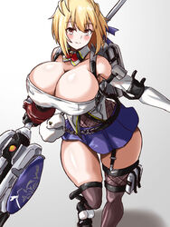  blonde_hair blue_skirt breasts claire_victorious cleavage detached_collar female god_eater god_eater_3 highres hizakake huge_breasts light_frown short_hair simple_background skirt solo white_background yellow_eyes 