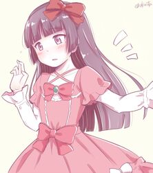  black_hair blunt_bangs blush bow collarbone commentary_request cosplay creator_connection dot_nose dress eromanga_sensei female gokou_ruri hairbow hime_cut lolita_fashion long_hair looking_down mole mole_under_eye ore_no_imouto_ga_konna_ni_kawaii_wake_ga_nai pink_bow pink_dress purple_eyes red_bow simple_background solo takatsuki_akira twitter_username white_background yamada_elf yamada_elf_(cosplay) 