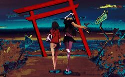  2girls bad_id bad_twitter_id black_hair blonde_hair europe_europa full_body glitch highres hood hoodie kamikoshi_sorawo multiple_girls nishina_toriko ocean outdoors red_hoodie road_sign sign sky torii transparent_hand urasekai_picnic 