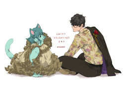  1boy animal_ears artist_name barefoot black_hair brown_eyes brown_jacket brown_pants cat_ears cat_girl cat_tail closed_mouth commentary_request dress english_text facial_hair female frilled_dress frills full_body furry furry_female furry_with_non-furry glasses goatee_stubble green_eyes green_fur grey_hair hand_on_own_face happy_valentine interspecies jacket jacket_on_shoulders knees_up long_hair long_sleeves looking_at_another original pants red_nails short_hair simple_background sitting smile straight stubble tail teko_(tawake) twitter_username valentine white_background 