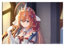  adjusting_hair ahoge artist_name ascot blue_eyes blurry blurry_background border closed_mouth dated elbow_gloves female gloves hair_between_eyes hair_ribbon highres liasayakangt long_hair looking_at_viewer orange_hair pecorine_(princess)_(princess_connect!) pecorine_(princess_connect!) princess_connect! red_ascot red_ribbon ribbon smile solo tiara upper_body very_long_hair white_border white_gloves window 