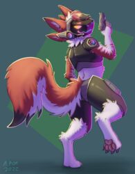  4_ears absurd_res anthro ass butt_pose earpiece_microphone gun hi_res looking_at_viewer machine male mr.albafox multi_ear pawpads paws pose protogen ranged_weapon solo twistedpair_(atomicfz) weapon 