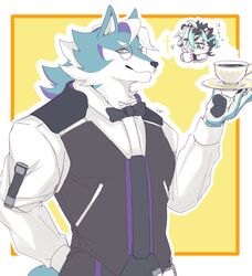  2023 absurd_res anthro beverage black_hair blue_body blue_fur bow_tie canid canine canis clothing container cup duo esperdica eyewear felid fur glasses hair hi_res holding_container holding_cup holding_object izm_rm7 lifewonders live_a_hero looking_at_viewer male mammal pantherine purple_body purple_fur raizi saucer shirt tea tiger topwear vest waiter white_body white_fur white_hair wolf 