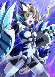  andou_kuriyo blue_bodysuit blue_skin bodysuit breasts brown_eyes brown_hair claws colored_skin hair_between_eyes headgear headphones koizumi_akira_(artist) mechvaranus senki_zesshou_symphogear senki_zesshou_symphogear_xd_unlimited small_breasts teeth upper_teeth_only 