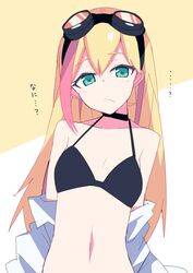  ^^^ arms_behind_back bikini black_bikini blonde_hair blush choker closed_mouth collarbone commentary_request female flat_chest goggles goggles_on_head green_eyes hair_down highres himiya_jouzu long_hair looking_at_viewer lucia_fex multicolored_hair navel open_clothes promare stomach straight_hair swimsuit translated two-tone_background two-tone_hair very_long_hair 