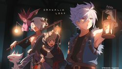  3boys armor brown_eyes detached_sleeves dragalia_lost dragon fur_trim holding holding_hands holding_lantern japanese_armor jurota lantern looking_at_another looking_to_the_side male_focus multiple_boys official_art open_mouth parted_lips pink_eyes sleepy sleeveless taro_(dragalia_lost) white_hair yaten_(dragalia_lost) 