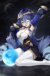  absurdres arm_up armpits black_gloves blue_hair breasts cleavage commentary_request drill_hair drill_sidelocks female freeeeeeeeeee genshin_impact gloves hair_between_eyes hand_up highres hood large_breasts layla_(genshin_impact) long_hair looking_at_viewer no_shoes one_eye_closed orb pantyhose sidelocks sitting solo thighlet thighs very_long_hair wariza white_pantyhose yellow_eyes 