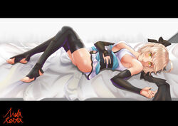  arm_guards artist_name black_bow bow breasts fate/grand_order fate_(series) female hand_on_own_chest japanese_clothes kimono kimono_skirt koha-ace letterboxed looking_at_viewer lying medium_breasts nida_keita obi okita_souji_(fate) okita_souji_(koha-ace) on_back parted_lips sash scarf sideboob signature skindentation solo stirrup_legwear thighhighs thighs toeless_legwear 