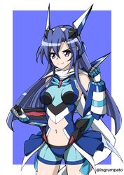  absurdres alternate_costume blue_eyes blue_hair blue_shorts bodysuit breasts closed_mouth cosplay elbow_gloves female gloves hair_between_eyes headgear headphones highres kazanari_tsubasa kyomeihibiki long_hair medium_breasts navel scarf senki_zesshou_symphogear shorts tachibana_hibiki_(symphogear) tachibana_hibiki_(symphogear)_(cosplay) thighhighs white_scarf 