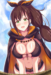  :d absurdres arm_support ayannon_yumme belt bikini bikini_top_only bikini_under_clothes black_cape black_shorts blue_sky blush breasts brown_hair cape cleavage cloud collarbone commentary cowboy_shot day extra_pupils female front-tie_bikini_top front-tie_top green_eyes hair_between_eyes hair_ornament hair_ribbon high_ponytail highres large_breasts long_hair looking_at_viewer multi-tied_hair navel open_mouth orange_belt orange_cape ponytail re:zero_kara_hajimeru_isekai_seikatsu ribbon shaula_(re:zero) short_shorts shorts sidelocks sky smile solo star_(symbol) star_hair_ornament stomach swimsuit teeth thigh_gap two-tone_cape upper_teeth_only 