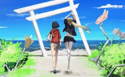  2girls bad_id bad_twitter_id black_hair blonde_hair europe_europa full_body highres hood hoodie kamikoshi_sorawo multiple_girls nishina_toriko ocean outdoors red_hoodie road_sign sign sky torii transparent_hand urasekai_picnic 