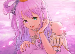  arm_strap candy_hair_ornament crescent crescent_earrings crown detached_collar dress earrings female food-themed_hair_ornament gradient_hair green_eyes hair_behind_ear hair_ornament hair_rings hand_in_own_hair hand_on_own_knee heterochromia himemori_luna himemori_luna_(1st_costume) hololive jewelry long_hair looking_down momo_hiki multicolored_hair open_mouth pink_dress pink_hair princess purple_eyes purple_hair side_ponytail single_hair_ring solo virtual_youtuber 