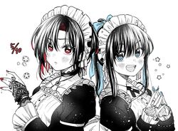  2girls absurdres apron blue_eyes blue_nails commentary_request cosplay dated greyscale hg_ni_koisuru_futari highres kanzaki_sayaka_(hg_ni_koisuru_futari) kudou_makoto maid maid_apron maid_day maid_headdress monochrome multiple_girls official_art open_mouth red_eyes red_nails spot_color takamiya_sora 