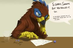  annoyed avian avian_feet beak blue_markings brown_body d20 d4 d6 dice digital_media_(artwork) doesnotexist english_text feathered_wings feathers feral gryphon markings mythological_avian mythological_creature mythology saewin solo tabletop text wings 