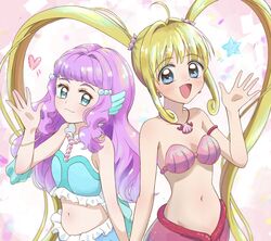  2girls :3 :d ahoge aqua_blouse aqua_eyes armlet bangle bare_shoulders bikini bikini_top blonde_hair blouse blue_eyes bracelet breasts closed_mouth collarbone commentary_request crossover dorara9002 earrings eyebrows_visible_through_hair fins frilled_blouse hair_intakes half-closed_eyes hand_up happy head_fins heart highres jewelry laura_(precure) lipstick long_hair looking_at_viewer makeup mermaid mermaid_melody_pichi_pichi_pitch midriff monster_girl multicolored_blouse multiple_girls nanami_lucia navel necklace open_mouth pearl_hair_ornament pearl_necklace pink_bikini pink_hair pink_lips precure scales seashell shadow shell shell_bikini shell_earrings shell_necklace sleeveless_blouse small_breasts smile smug spoken_heart spoken_star star-shaped_pupils star_(symbol) star_in_eye stomach strapless strapless_bikini swimsuit symbol-shaped_pupils symbol_in_eye thick_eyebrows trait_connection tropical-rouge!_precure twintails upper_body very_long_hair wavy_hair white_blouse 