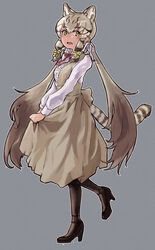  absurdres alternate_costume animal_ears black_footwear black_pantyhose blonde_hair bow bowtie brown_hair casual cat_ears cat_girl cat_tail center_frills commentary dress extra_ears female frills full_body geoffroy&#039;s_cat_(kemono_friends) grey_dress hairbow high_heels highres kemono_friends long_dress long_hair long_sleeves multicolored_hair pantyhose red_bow red_bowtie sidelocks solo tail toriny twintails white_sleeves yellow_eyes 