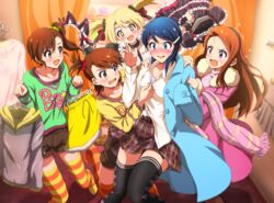  +_+ 5girls :d black_thighhighs blonde_hair blue_eyes blue_hair blurry blurry_background blush brown_eyes brown_hair brown_shorts brown_skirt choker coat coat_dress collarbone collared_shirt commentary_request dress_shirt embarrassed floating_hair freckles fur_coat futami_ami futami_mami green_shirt hair_ornament hair_scrunchie hairclip highres hina_(araburu-hinadori) idolmaster idolmaster_(classic) idolmaster_dearly_stars lolita_fashion long_hair minase_iori miniskirt mizutani_eri multiple_girls one_side_up open_mouth orange_legwear pink_coat pink_sweater plaid plaid_skirt pleated_skirt print_shirt red_eyes red_scrunchie ribbed_sweater scarf scrunchie shirt short_hair short_shorts shorts side_ponytail skirt smile sparkle striped_clothes striped_thighhighs suzuki_ayane sweater thighhighs turtleneck turtleneck_sweater very_long_hair white_shirt wing_collar yellow_scrunchie yellow_shirt zettai_ryouiki 