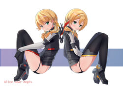  2girls alice_gear_aegis back-to-back black_footwear black_gloves blonde_hair blush boots closed_mouth commentary_request copyright_name english_text flipped_hair from_side full_body gloves high_heels highres kotomura_akane kotomura_amane long_hair looking_at_viewer low_twintails multiple_girls nraib sitting smile thigh_boots thighhighs twintails white_background 