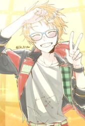  1boy absurdres blonde_hair blue-framed_eyewear centaurus_(constellation) closed_eyes commentary constellation crux_(constellation) ensemble_stars! facing_viewer glasses grin headset highres idol idol_clothes jacket jinyoo93 long_sleeves male_focus open_clothes open_jacket short_hair smile solo sparkle star_(symbol) sweat trickstar_(ensemble_stars!) v yuuki_makoto_(ensemble_stars!) 