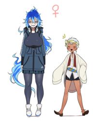  2girls absurdres anklet bad_id bad_pixiv_id blue_hair cardigan dark_skin earrings full_body genderswap_(mtf) grin height_difference highres hood hoodie idia_shroud jewelry kalim_al-asim long_hair looking_to_the_side messy_hair multiple_girls nato_(maanguito) open_mouth oversized_clothes pantyhose rule_63 sharp_teeth shoes short_hair simple_background sleeves_past_fingers sleeves_past_wrists smile sneakers sweat teeth twisted_wonderland unzipped venus_symbol very_short_hair white_background white_hair yellow_eyes 