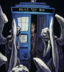  1boy blood blood_stain brown_hair commentary curly_hair doctor_who handprint koto_inari necktie police_box poster_(object) statue tardis tenth_doctor_(doctor_who) the_doctor weeping_angel 