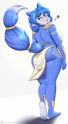  2021 anthro ass blue_body blue_fur blush butt_pose canid canine clothing conditional_dnp eyebrows eyelashes feet female fox fur hi_res krystal_(star_fox) looking_back mammal nexcoyotlgt nintendo open_mouth pose simple_background slightly_chubby soles solo standing star_fox text url white_background 