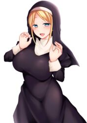  black_dress blonde_hair blue_eyes blush breasts comic_kairakuten cowboy_shot dress eyelashes female fingernails habit hands_up highres large_breasts long_fingernails long_hair long_sleeves looking_at_viewer morita_gurutamin nail_polish non-web_source nun open_mouth parted_lips pink_nails robe shiny_clothes sidelocks simple_background smile solo standing tongue traditional_nun white_background 