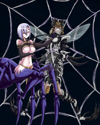  2girls arachne arms_behind_back arthropod_girl artistic_error bad_id bad_twitter_id black_background bondage bondage bound breasts carapace closed_mouth commission crossover detached_sleeves deviantart_logo extra_eyes gagged grey_hair hair_between_eyes highres insect_wings kozureokami20 monster_girl monster_musume_no_iru_nichijou mosquito_girl mosquito_musume multiple_girls multiple_legs navel no_nipples one-punch_man rachnera_arachnera red_eyes restrained short_hair silk simple_background smile spider_girl spider_web taur watermark wings wrong_hand 