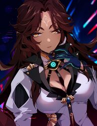  aer007580 bad_id bad_twitter_id black_gloves breasts brown_hair cleavage closed_mouth dark-skinned_female dark_skin facial_mark female forehead_mark gloves glowing highres honkai_(series) honkai_impact_3rd jackal_(honkai_impact) jacket lips long_hair long_sleeves looking_at_viewer solo upper_body white_jacket yellow_eyes 