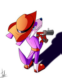  2021 4_fingers anthro blue_eyes clothing dipodid fang_the_hunter fangs fingers gloves gun handwear hat headgear headwear jerboa lechugansfw looking_back male mammal purple_body ranged_weapon rodent sega signature simple_background solo sonic_the_hedgehog_(series) teeth weapon white_background 