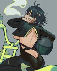  back backless_outfit black_hair black_jacket breasts butt_crack chainsaw_man cigarette cropped_jacket ear_piercing female green_eyes green_nails green_theme grey_background harley_davidson helmet high_heels highres himeno_(chainsaw_man) jacket large_breasts liowig looking_at_viewer looking_back motor_vehicle motorcycle motorcycle_helmet multiple_piercings on_motorcycle piercing short_hair simple_background smoke smoking solo underboob unworn_headwear unworn_helmet 