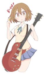  :o blue_skirt blush breasts brown_eyes brown_hair cardigan collared_shirt commentary_request copyright_name female guitar hair_ornament hairclip hirasawa_yui holding holding_instrument holding_plectrum instrument k-on! looking_at_viewer mikan_(mikabe) parted_lips pleated_skirt plectrum sakuragaoka_high_school_uniform school_uniform shirt short_hair short_sleeves simple_background skirt small_breasts solo surprised white_background white_shirt 