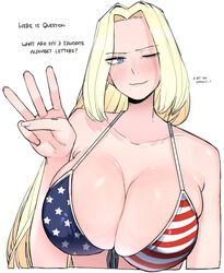  america_(ohasi) american_flag american_flag_print bare_arms bare_shoulders bikini blonde_hair blue_eyes blush breasts cleavage collarbone commentary english_text female flag_print large_breasts long_hair ohasi one_eye_closed original parted_bangs shiny_skin solo striped_bodysuit sweat swimsuit symbol-only_commentary upper_body 