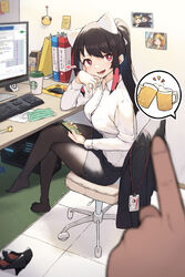  :d absurdres black_coat black_hair black_legwear black_skirt blonde_girl_(cloba) blurry breasts button_gap chair cloba coat collared_shirt commentary computer crossed_legs cup depth_of_field desk disposable_cup dress_shirt female high_heels highres id_card indoors legs long_hair long_sleeves looking_at_viewer medium_breasts miniskirt office_chair office_lady open_mouth original pantyhose pencil_skirt photo_(object) player_2_(cloba) ponytail pov pov_hands red_eyes shirt shoes sitting skirt smile solo_focus speech_bubble starbucks swivel_chair unworn_coat unworn_shoes white_shirt 